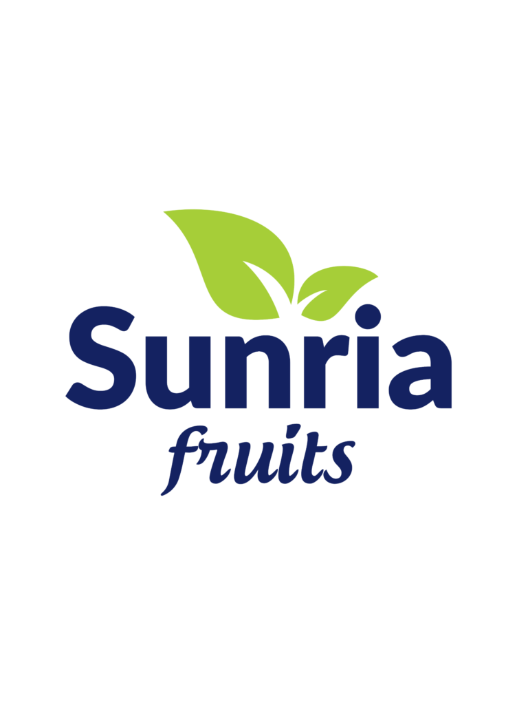 Sunria Fruits logo with green leaves above the brand name on a black background.